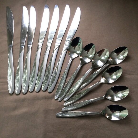 Vintage Set of Flatware Silverware Hammered Unknown Pattern Stainless 14 Pieces - Picture 1 of 7